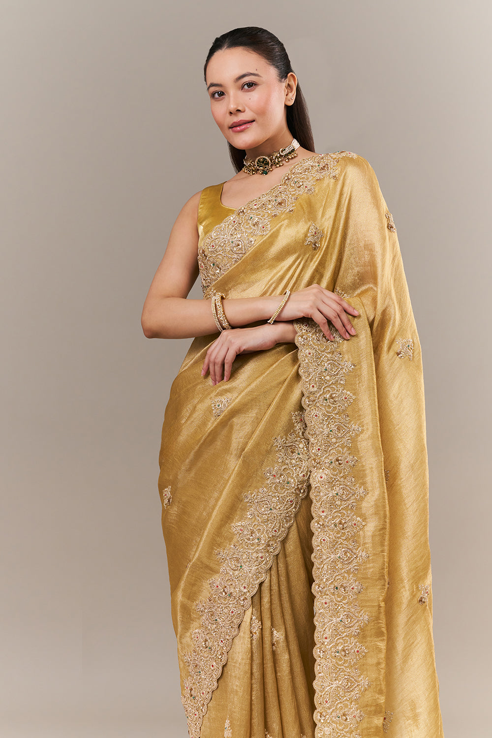 Golden Tissue Silk Woven Saree with Zari and Sequin Work