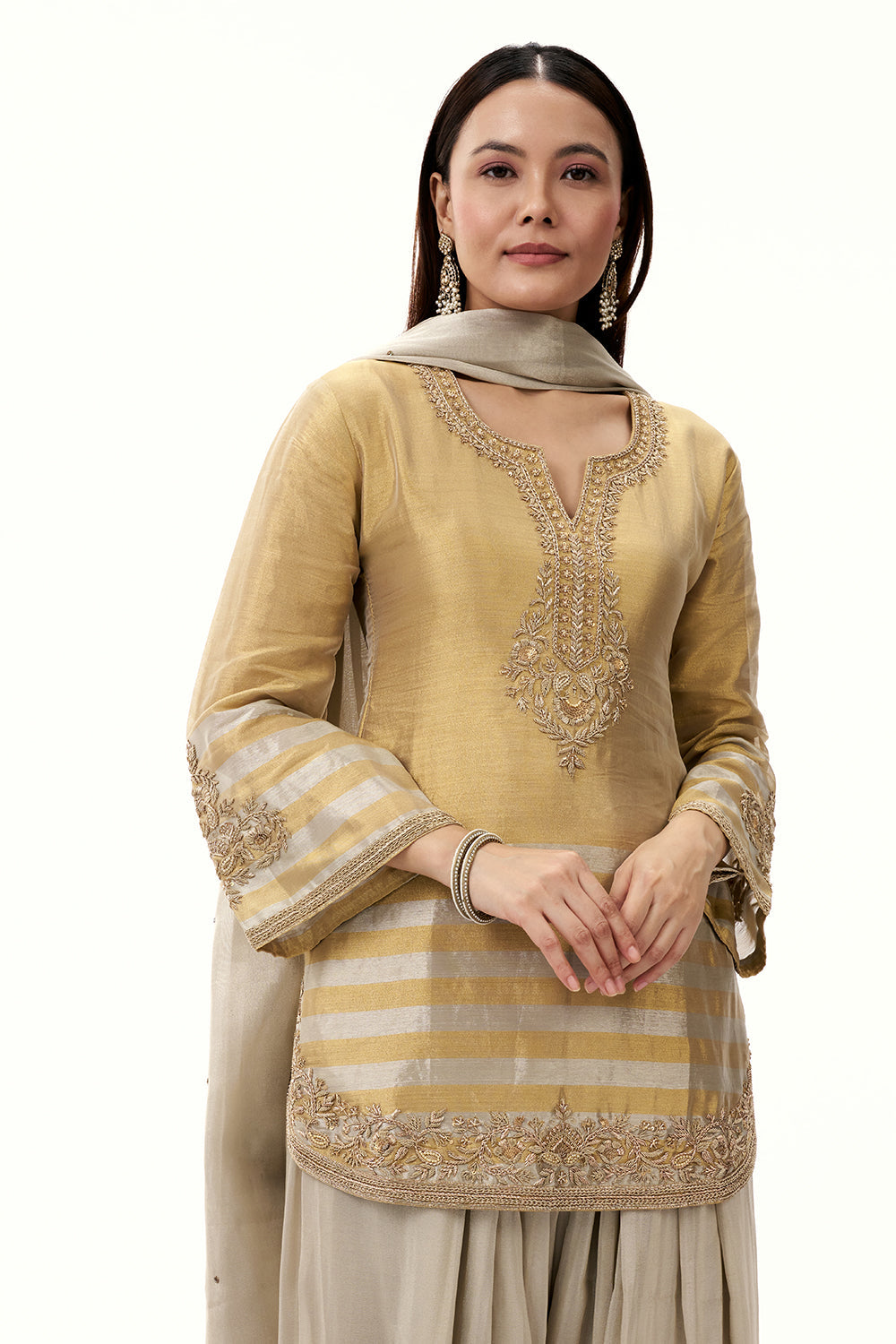 Golden Tissue Suit with Zardosi and Sequin Work