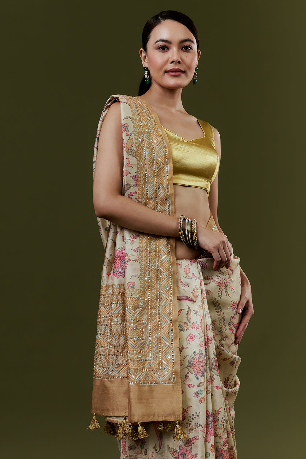 Gold Tussar Silk Saree with Floral Print