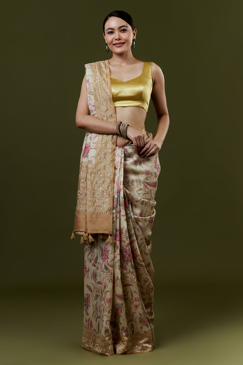 Gold Tussar Silk Saree with Floral Print