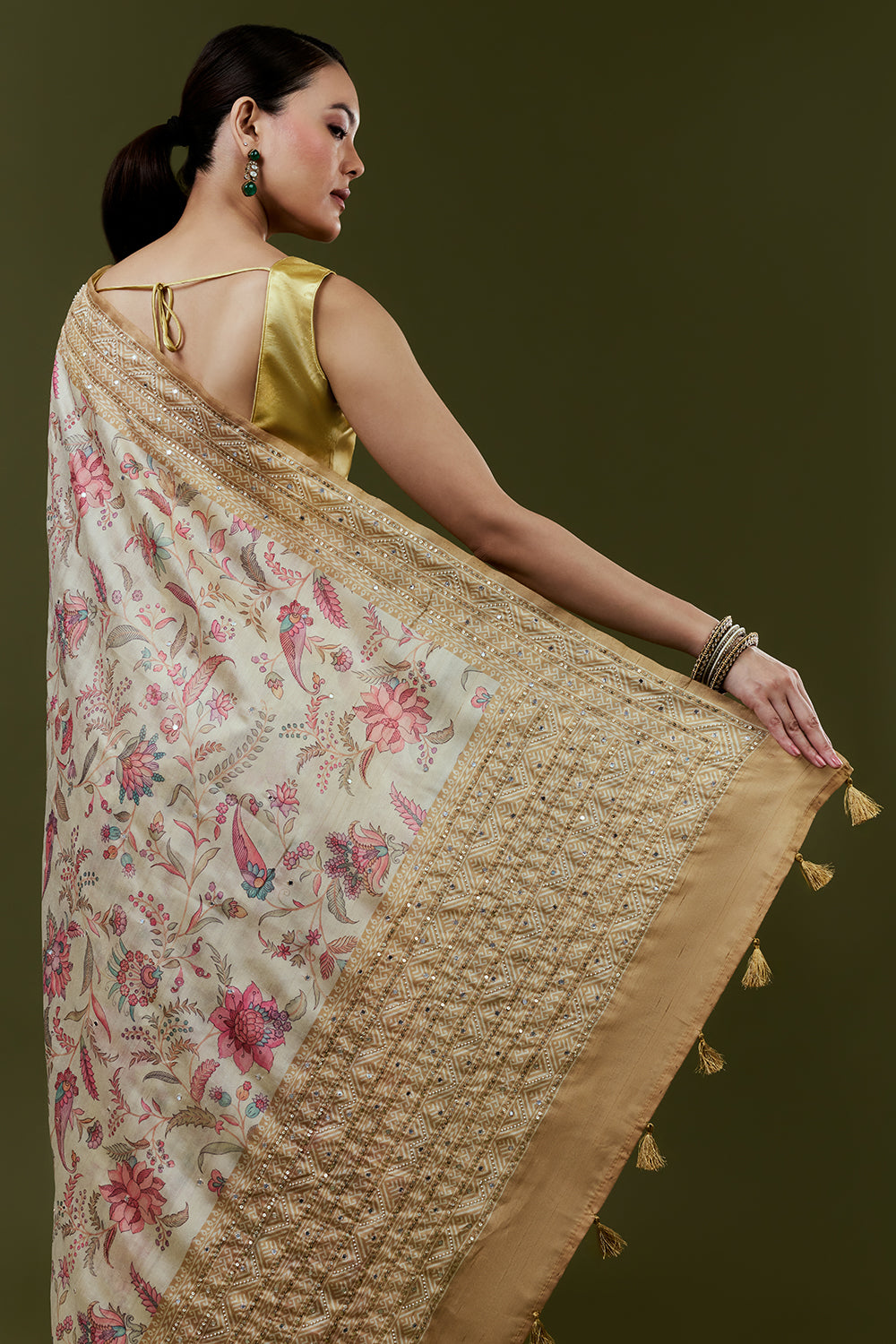 Gold Tussar Silk Saree with Floral Print