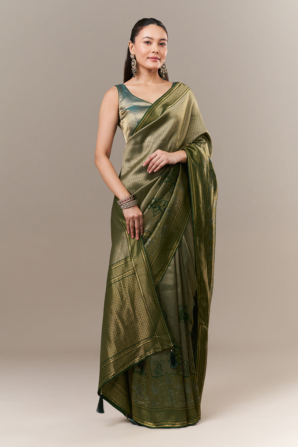 Green Brocade Silk Printed Saree with Zari Work