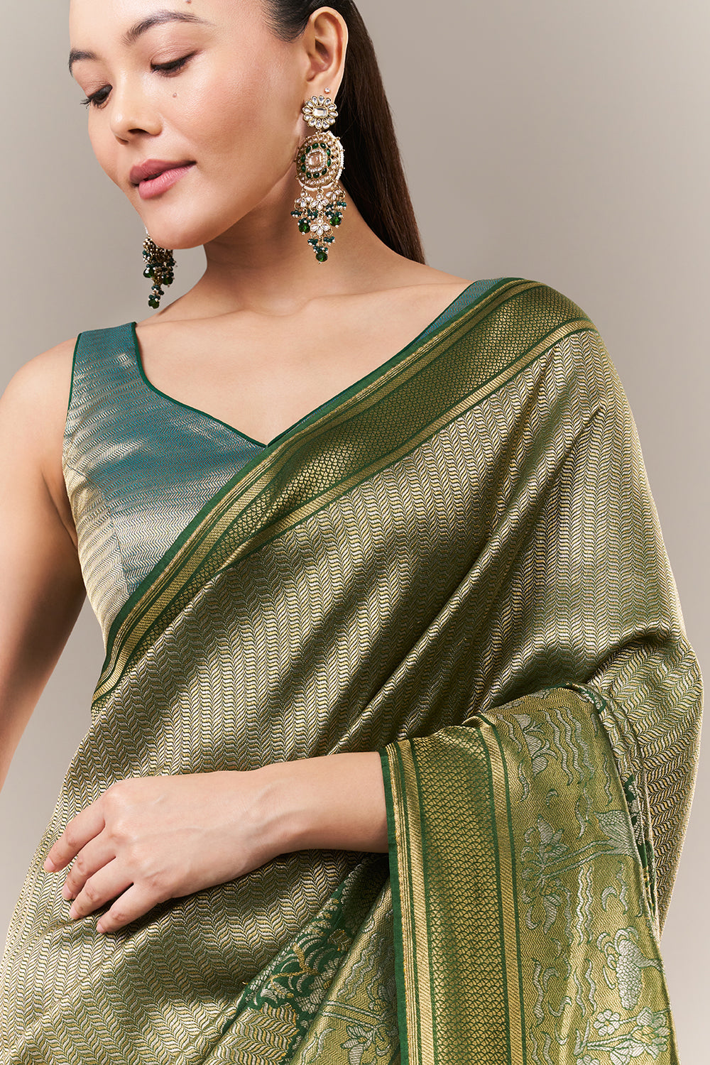 Green Brocade Silk Printed Saree with Zari Work