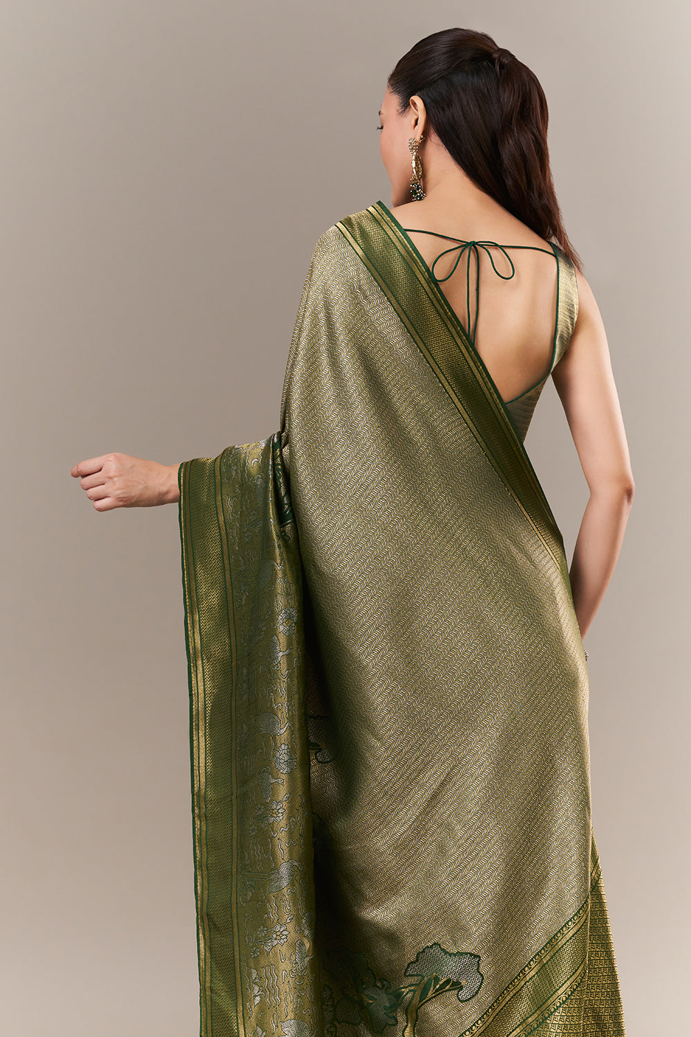 Green Brocade Silk Printed Saree with Zari Work
