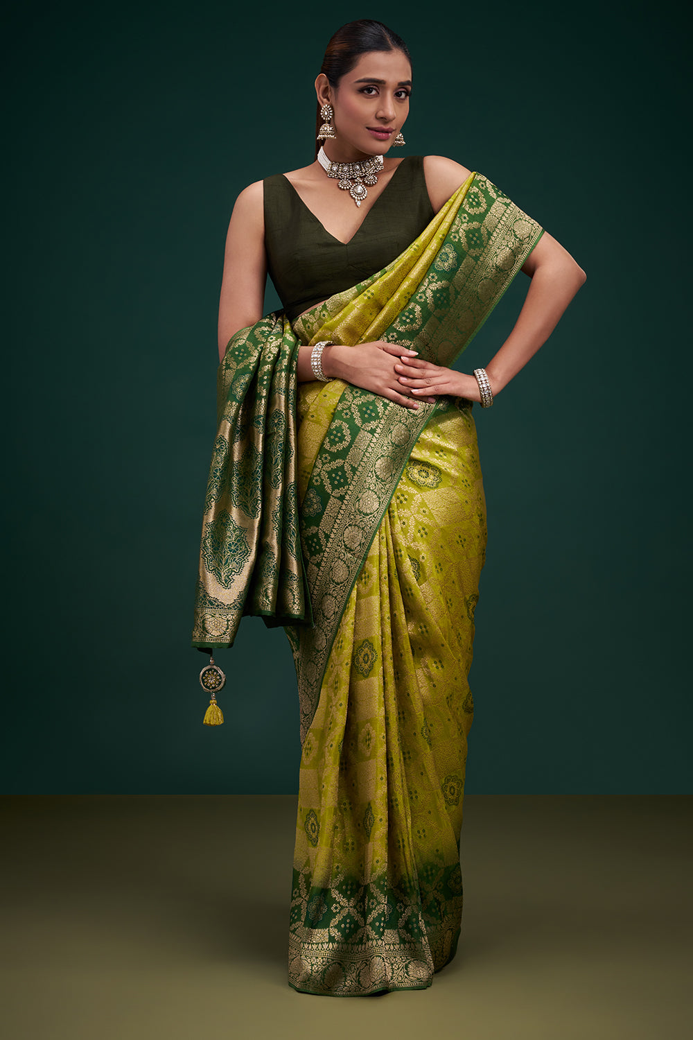 Green Banarasi Silk Saree with Banarasi-Inspired Motifs and Unstitched Blouse