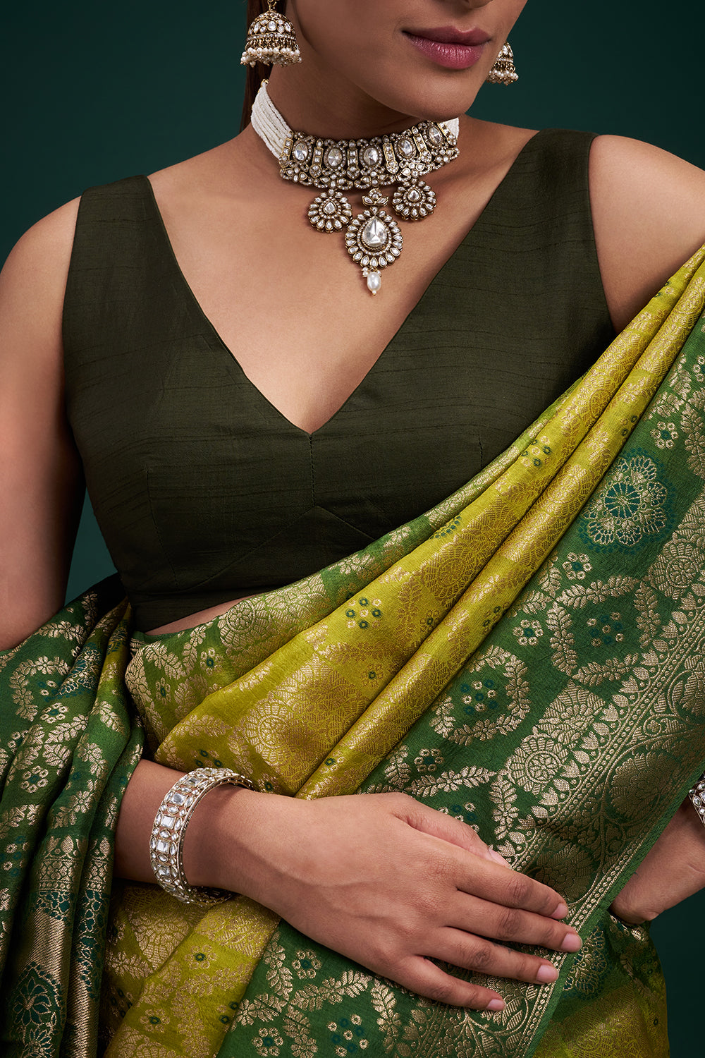Green Banarasi Silk Saree with Banarasi-Inspired Motifs and Unstitched Blouse