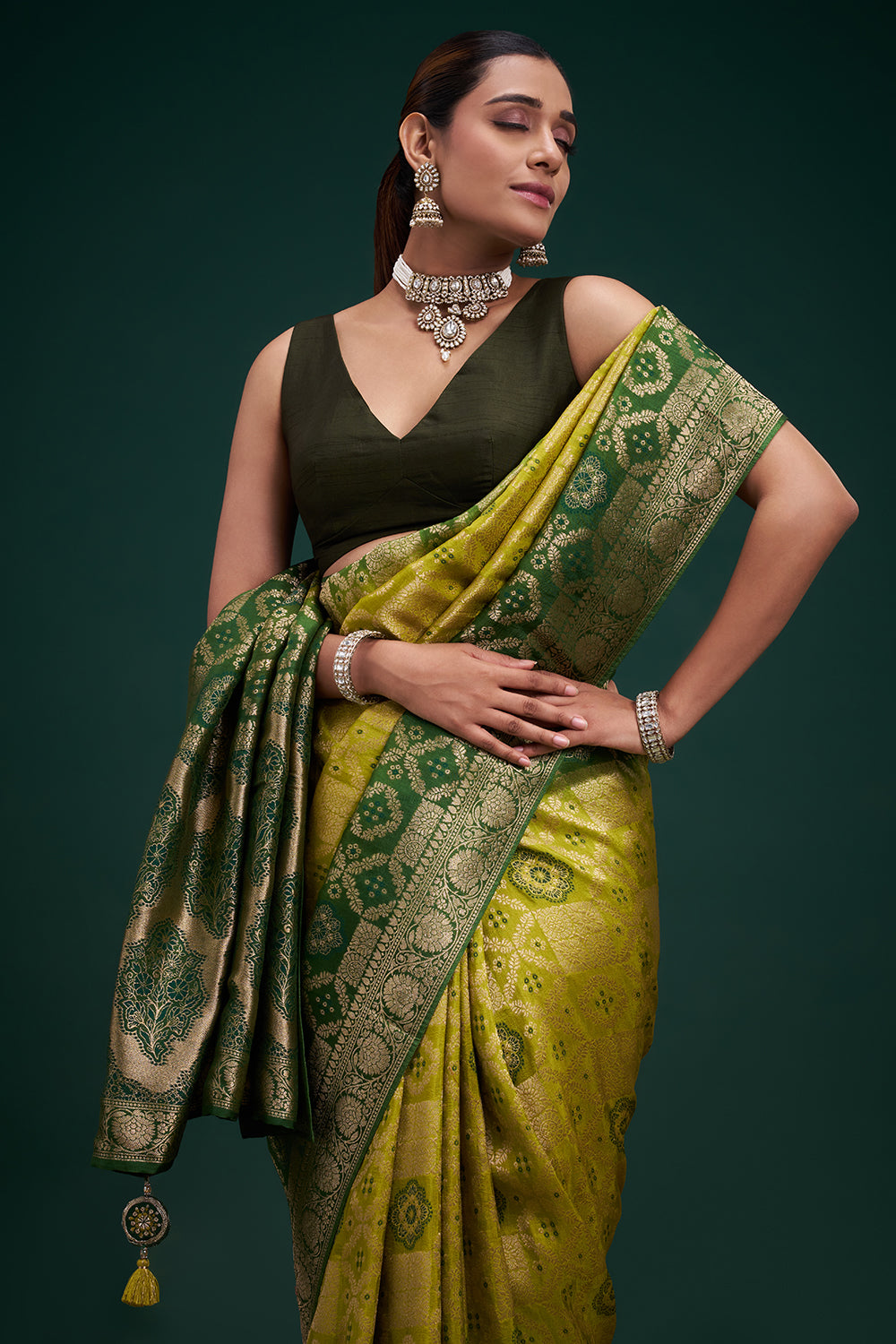 Green Banarasi Silk Saree with Banarasi-Inspired Motifs and Unstitched Blouse