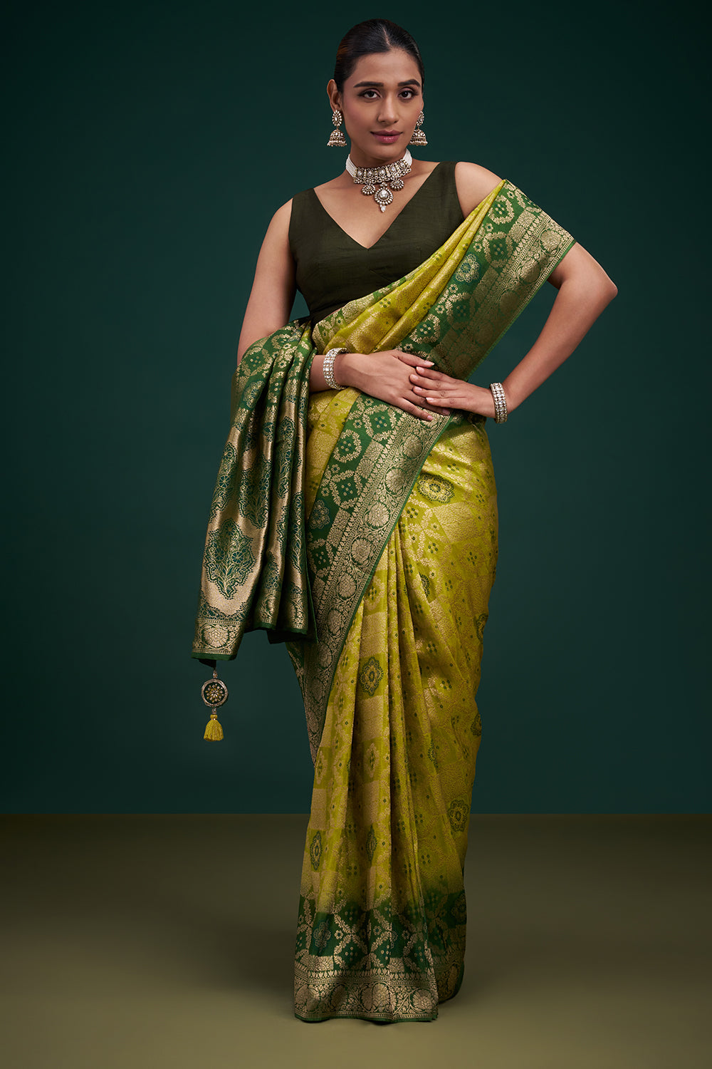Green Banarasi Silk Saree with Banarasi-Inspired Motifs and Unstitched Blouse