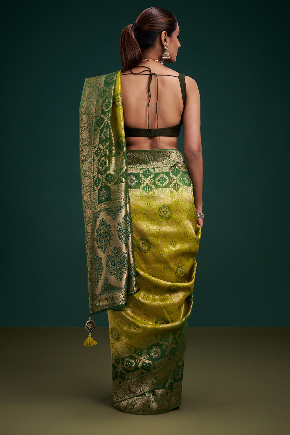 Green Banarasi Silk Saree with Banarasi-Inspired Motifs and Unstitched Blouse