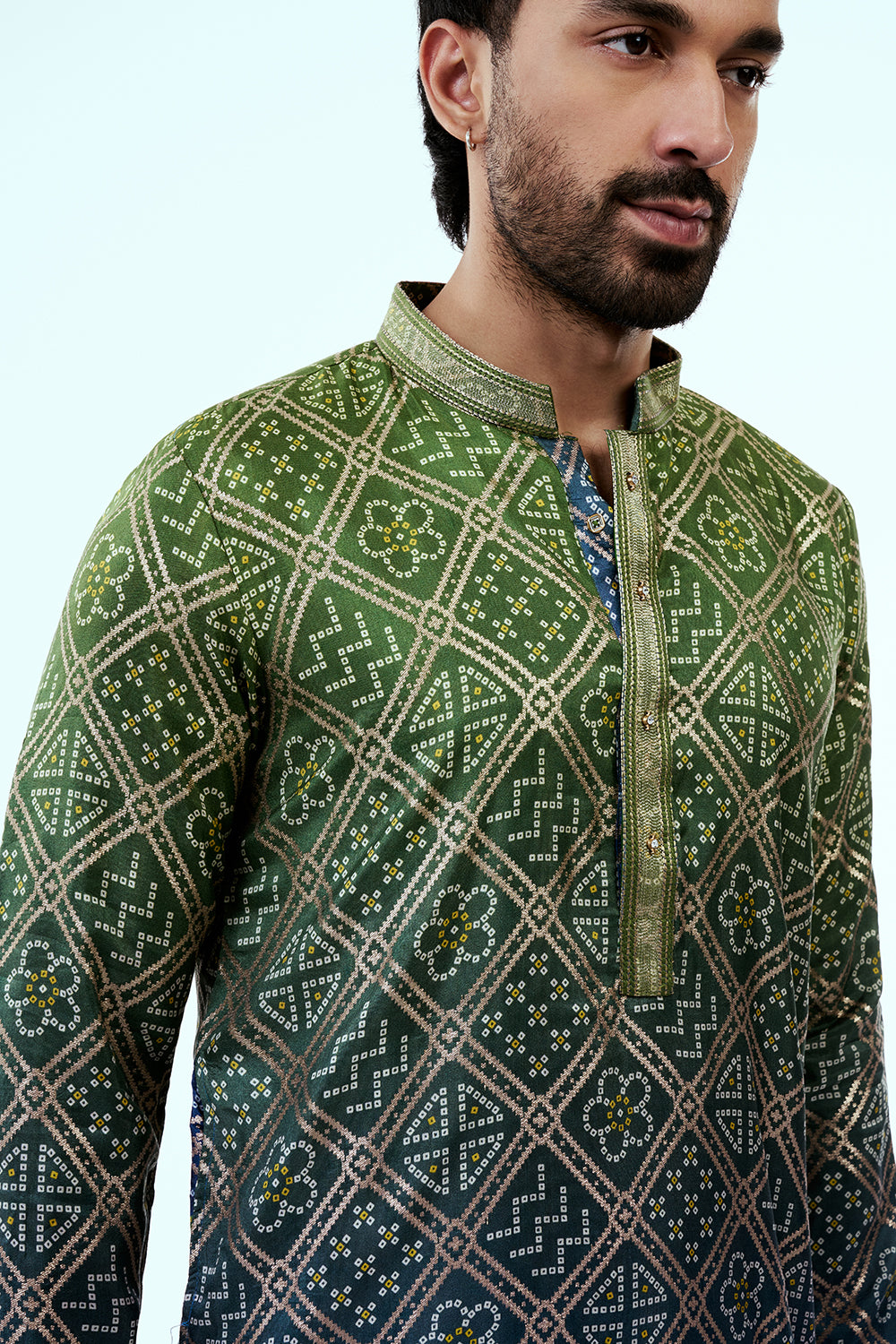 Green Dupion Silk Bandhani Mens Kurta Set with Zari Threadwork