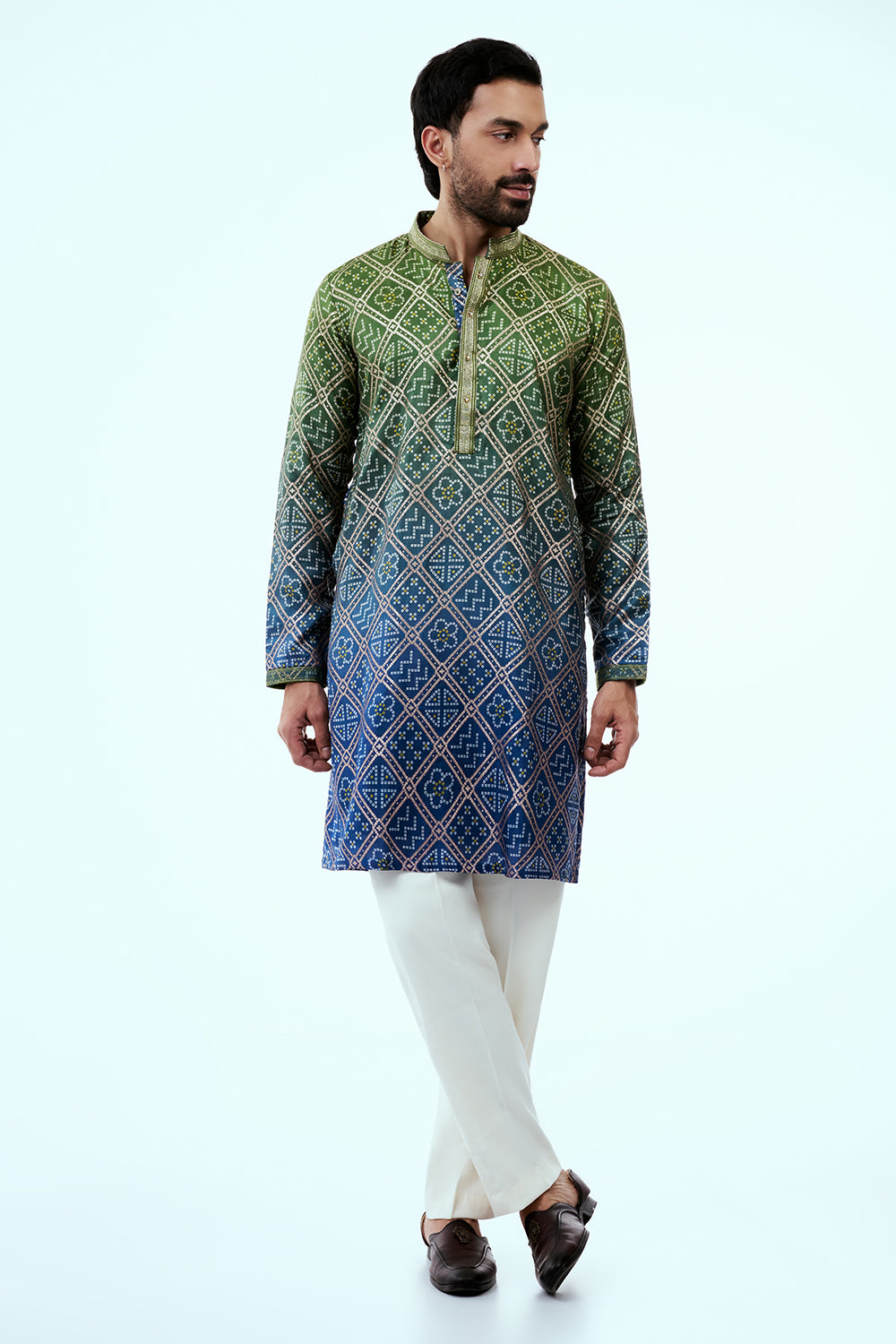 Green Dupion Silk Bandhani Mens Kurta Set with Zari Threadwork
