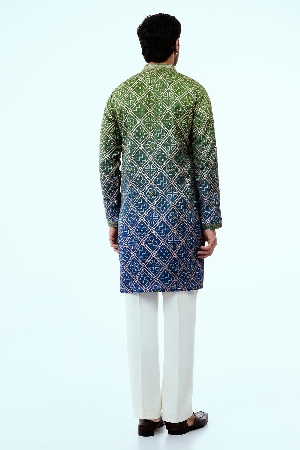 Green Dupion Silk Bandhani Mens Kurta Set with Zari Threadwork