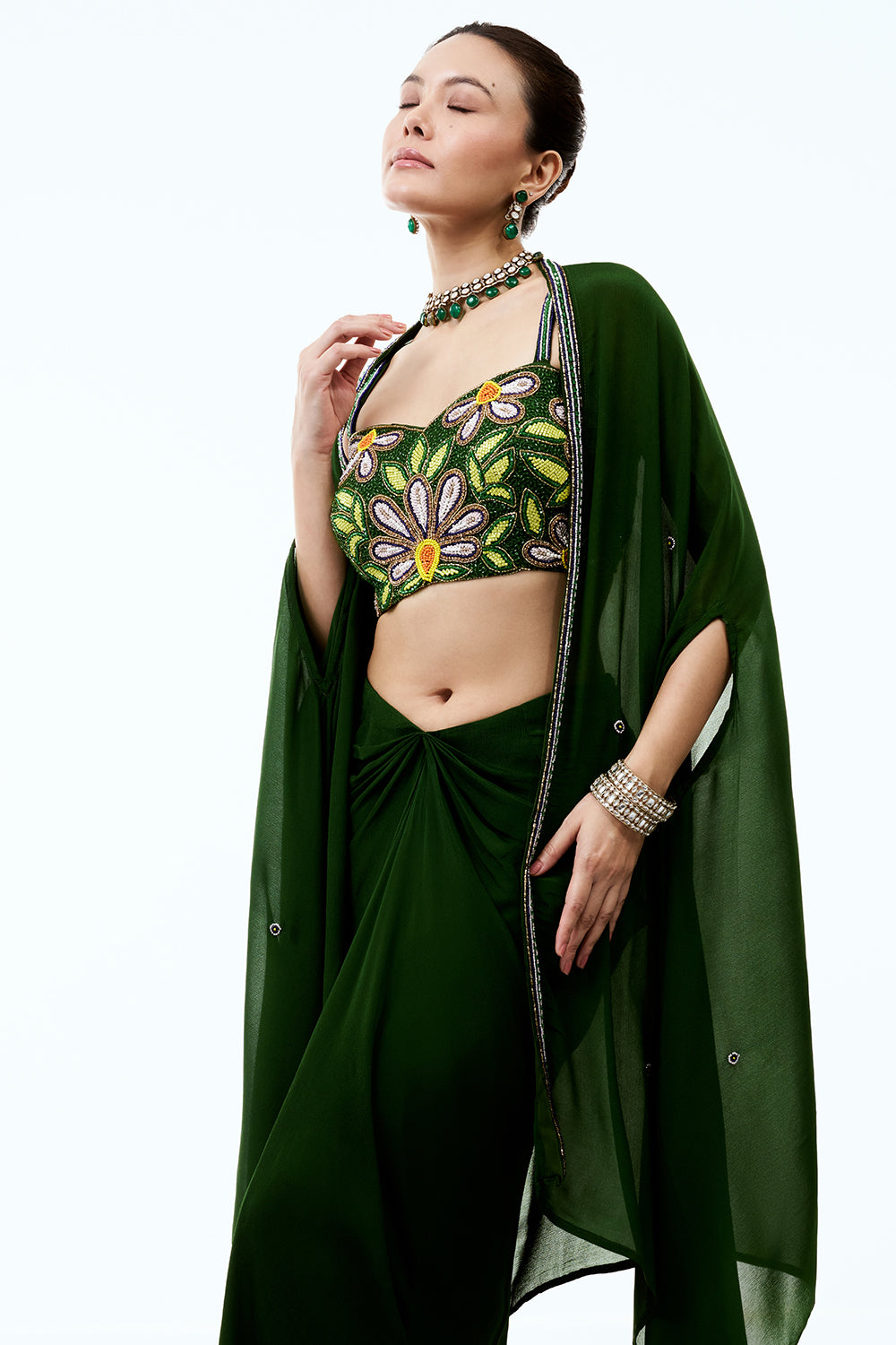 Green Georgette Indo Western Set with Pearl Cutdana Floral Work