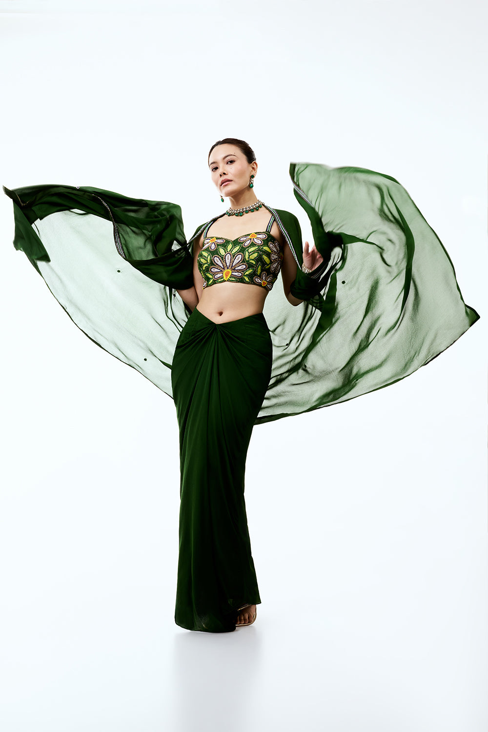 Green Georgette Indo Western Set with Pearl Cutdana Floral Work