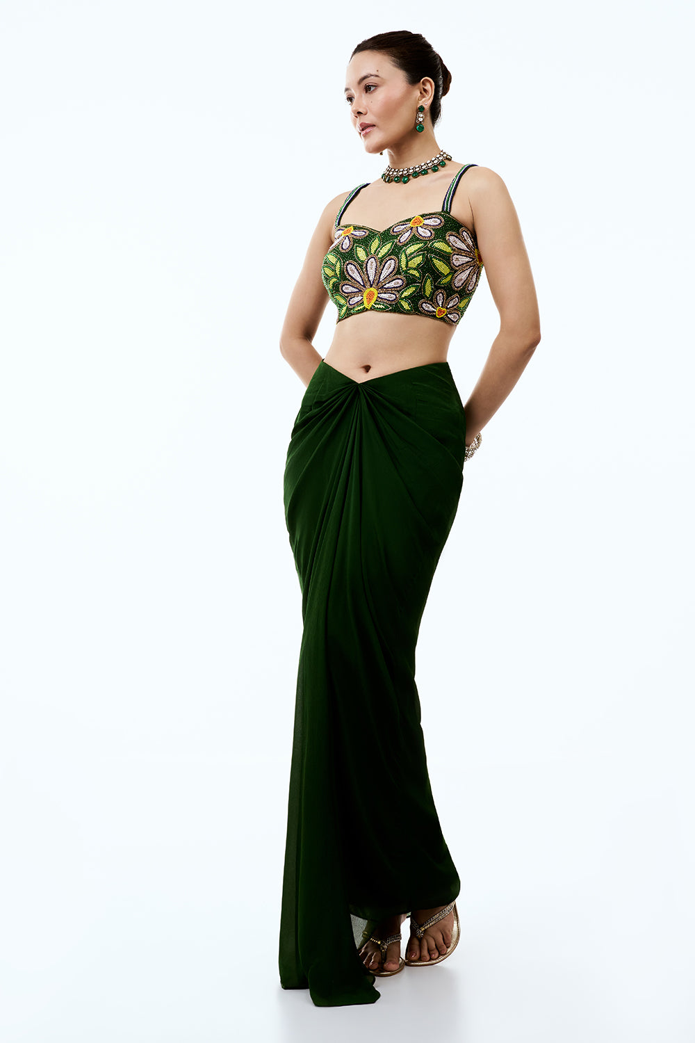 Green Georgette Indo Western Set with Pearl Cutdana Floral Work