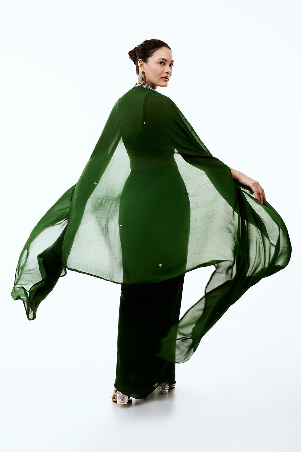 Green Georgette Indo Western Set with Pearl Cutdana Floral Work