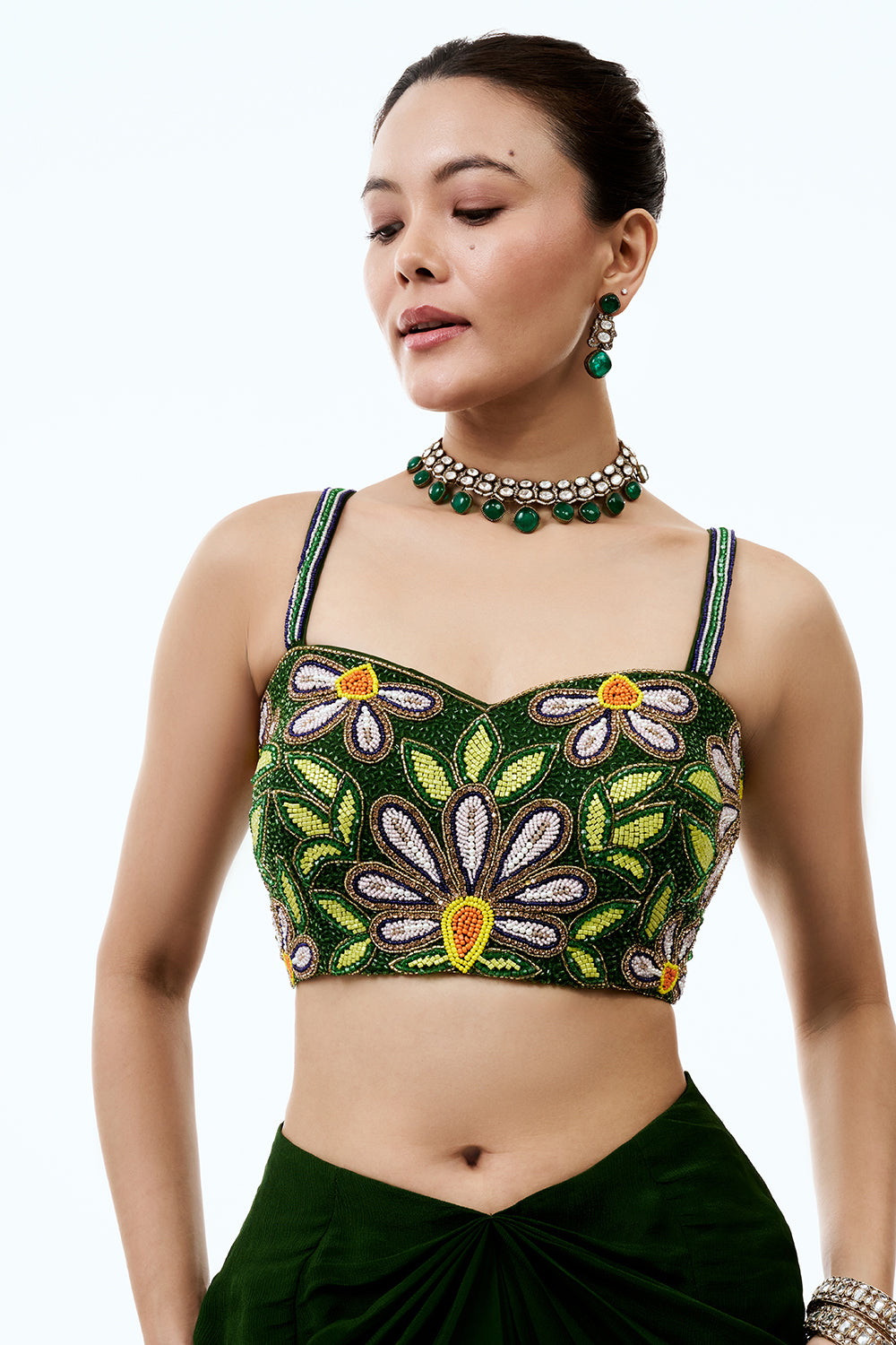 Green Georgette Indo Western Set with Pearl Cutdana Floral Work