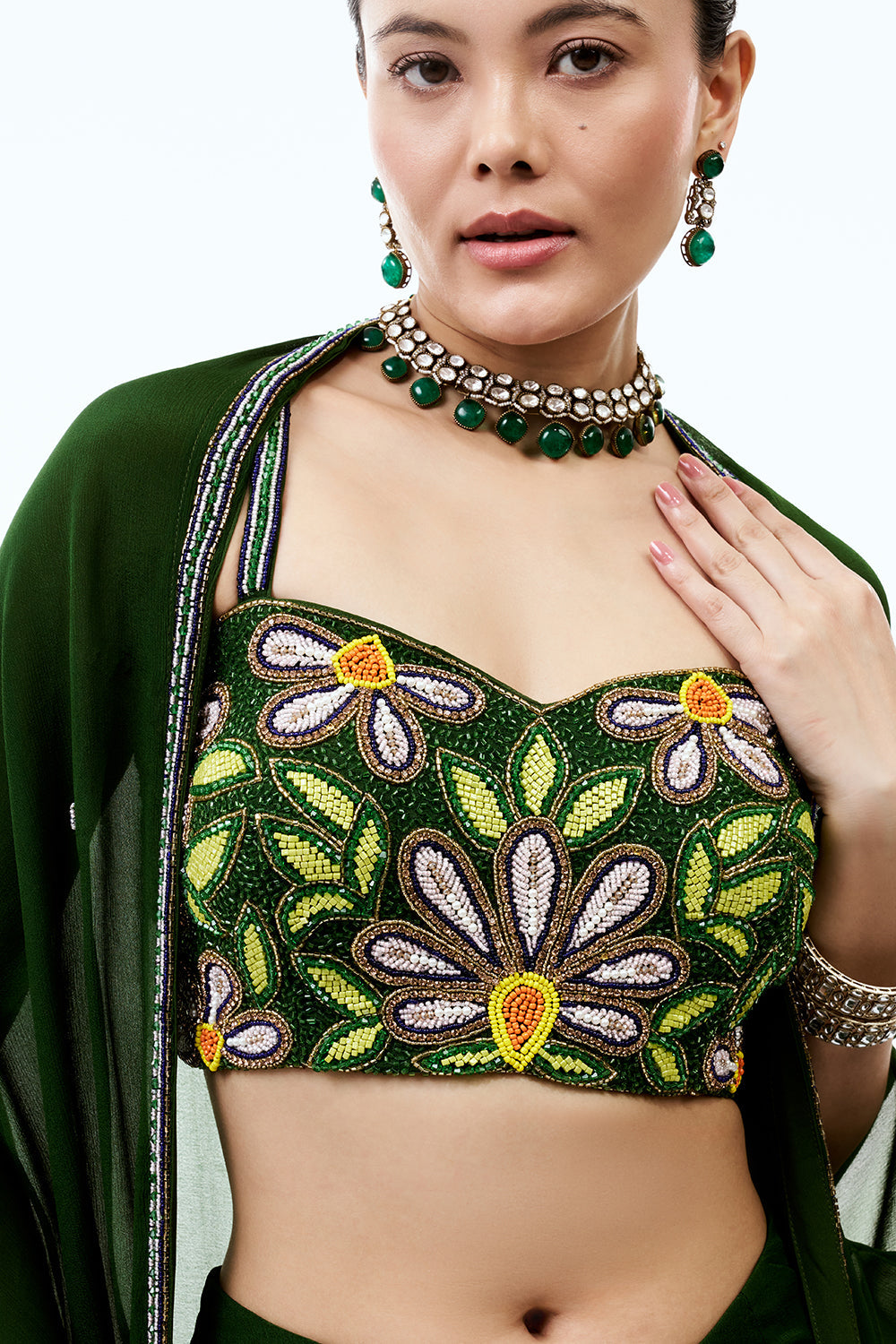 Green Georgette Indo Western Set with Pearl Cutdana Floral Work