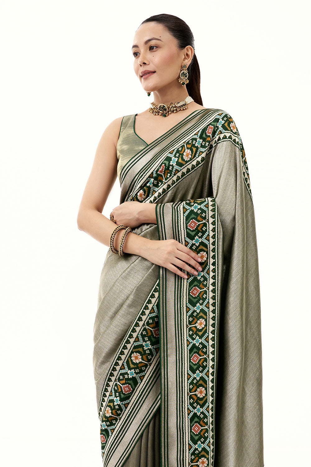 Green Jacquard Silk Saree with Patola Border