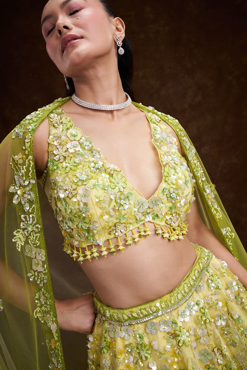 Green Ombré Net Bridal Lehenga with 3D Floral Embellishments