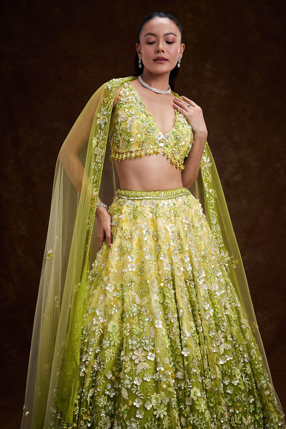 Green Ombré Net Bridal Lehenga with 3D Floral Embellishments