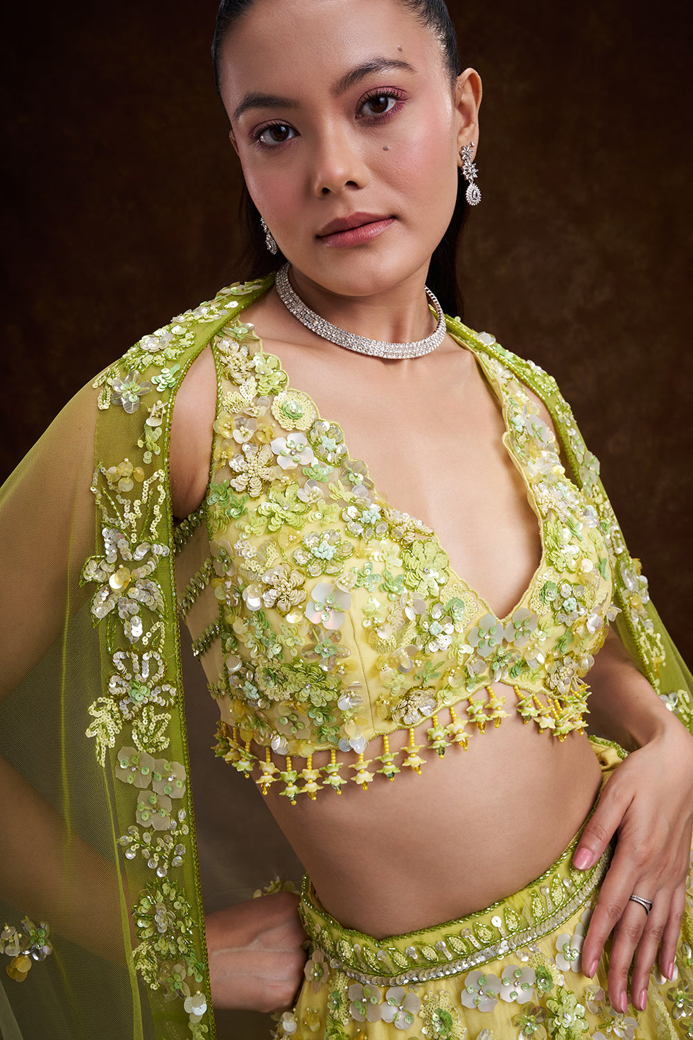 Green Ombré Net Bridal Lehenga with 3D Floral Embellishments