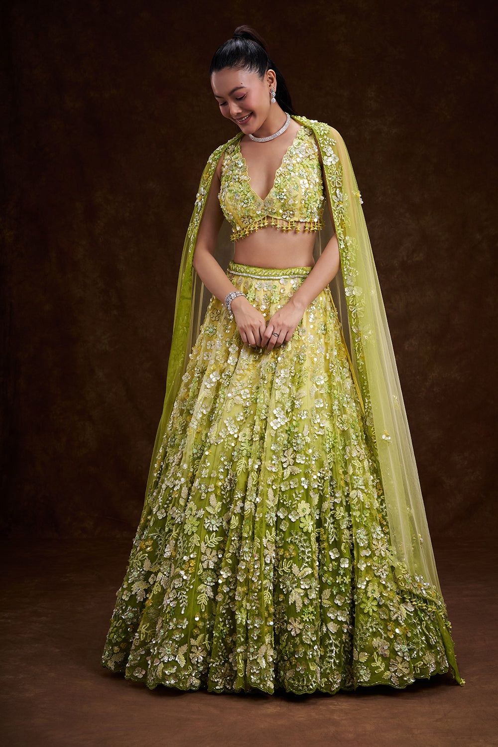 Green Ombré Net Bridal Lehenga with 3D Floral Embellishments