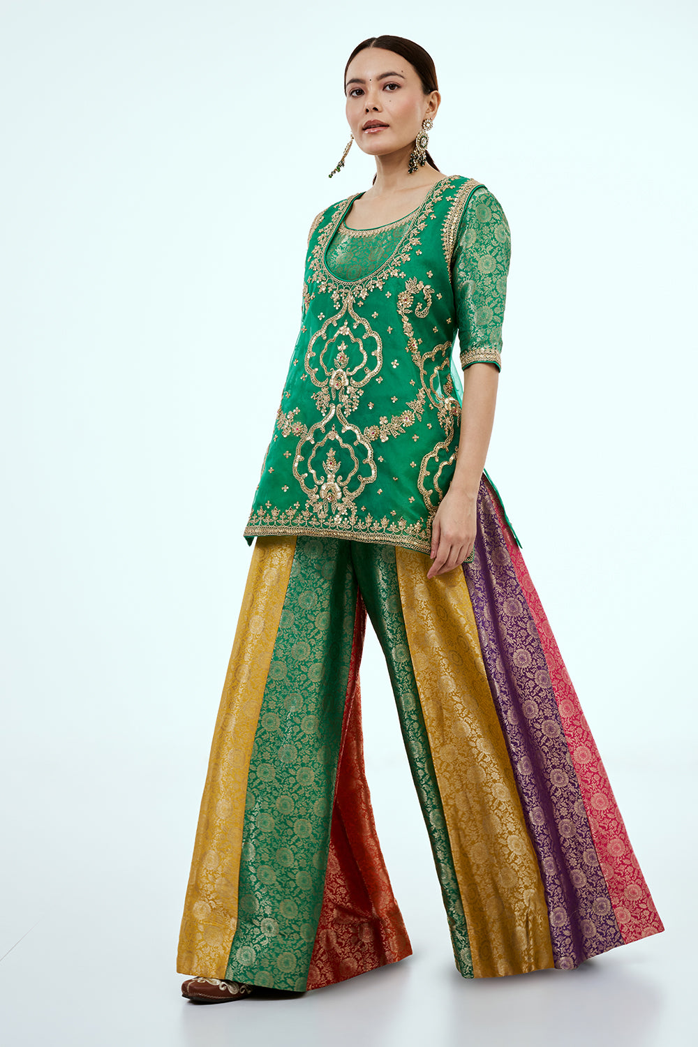 Green Organza Co-ord Set with Zardosi Work and Multicoloured Brocade Pants