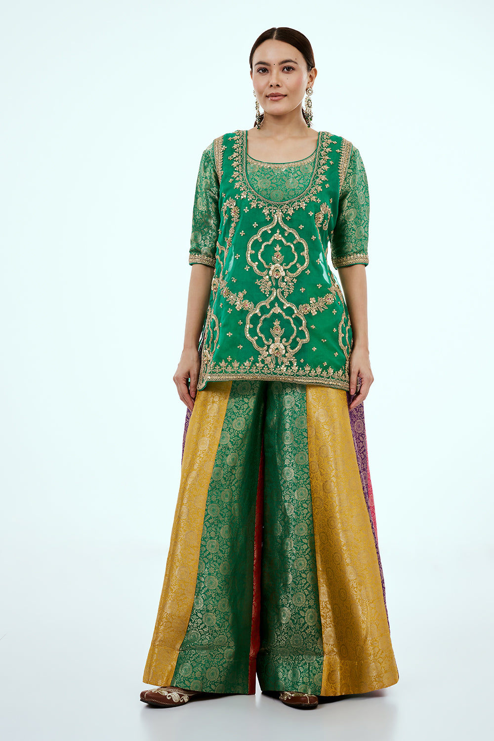 Green Organza Co-ord Set with Zardosi Work and Multicoloured Brocade Pants