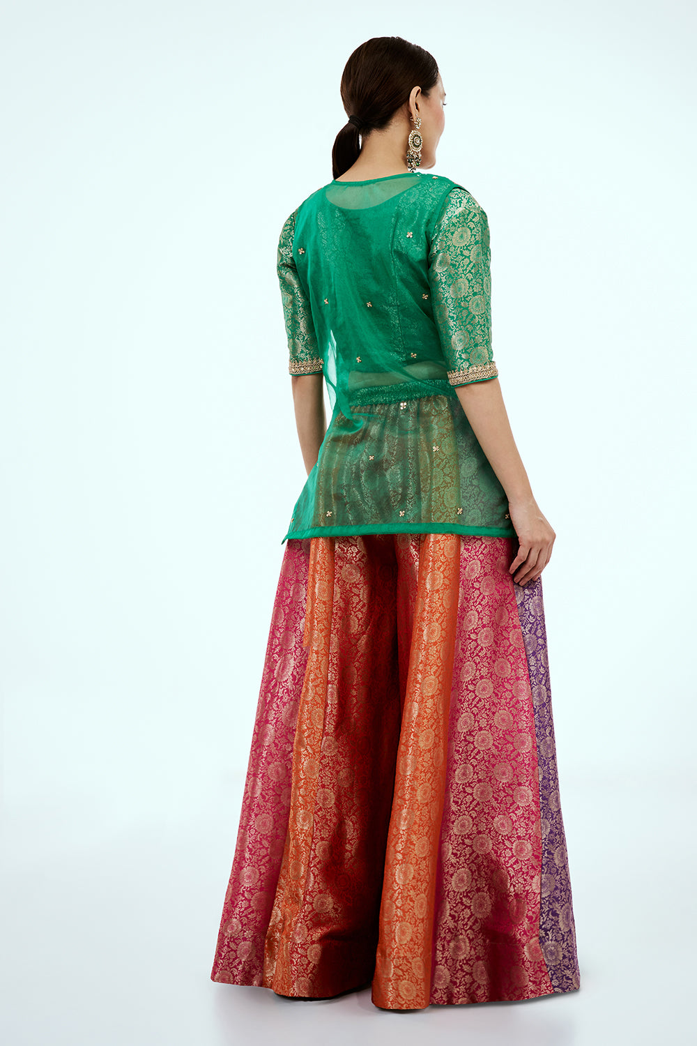 Green Organza Co-ord Set with Zardosi Work and Multicoloured Brocade Pants
