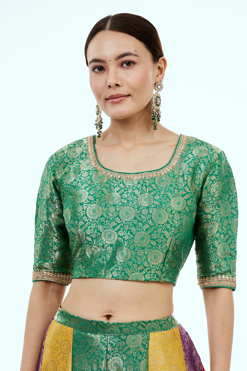 Green Organza Co-ord Set with Zardosi Work and Multicoloured Brocade Pants