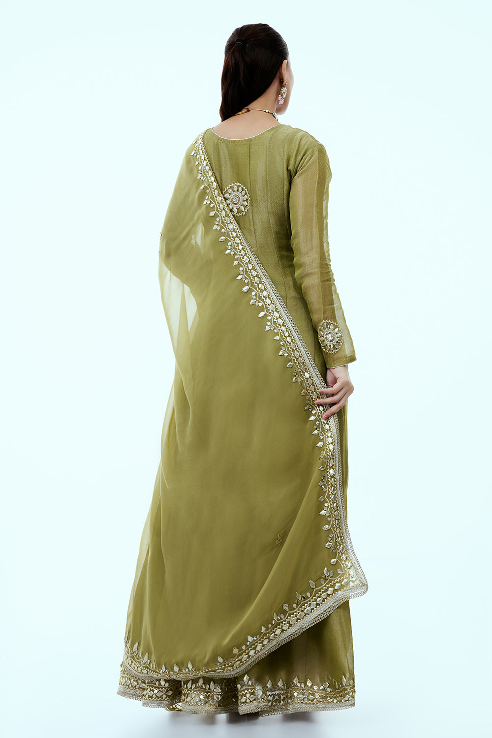 Green Shimmer Tissue Anarkali Set with Gota Work