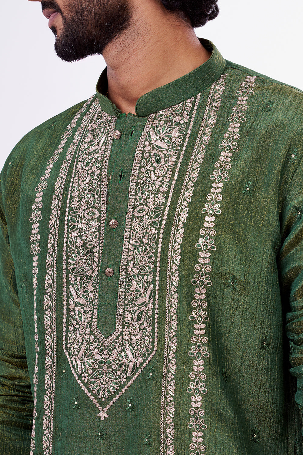 Green Tissue Silk Men's Kurta Set with Dori And Resham Work