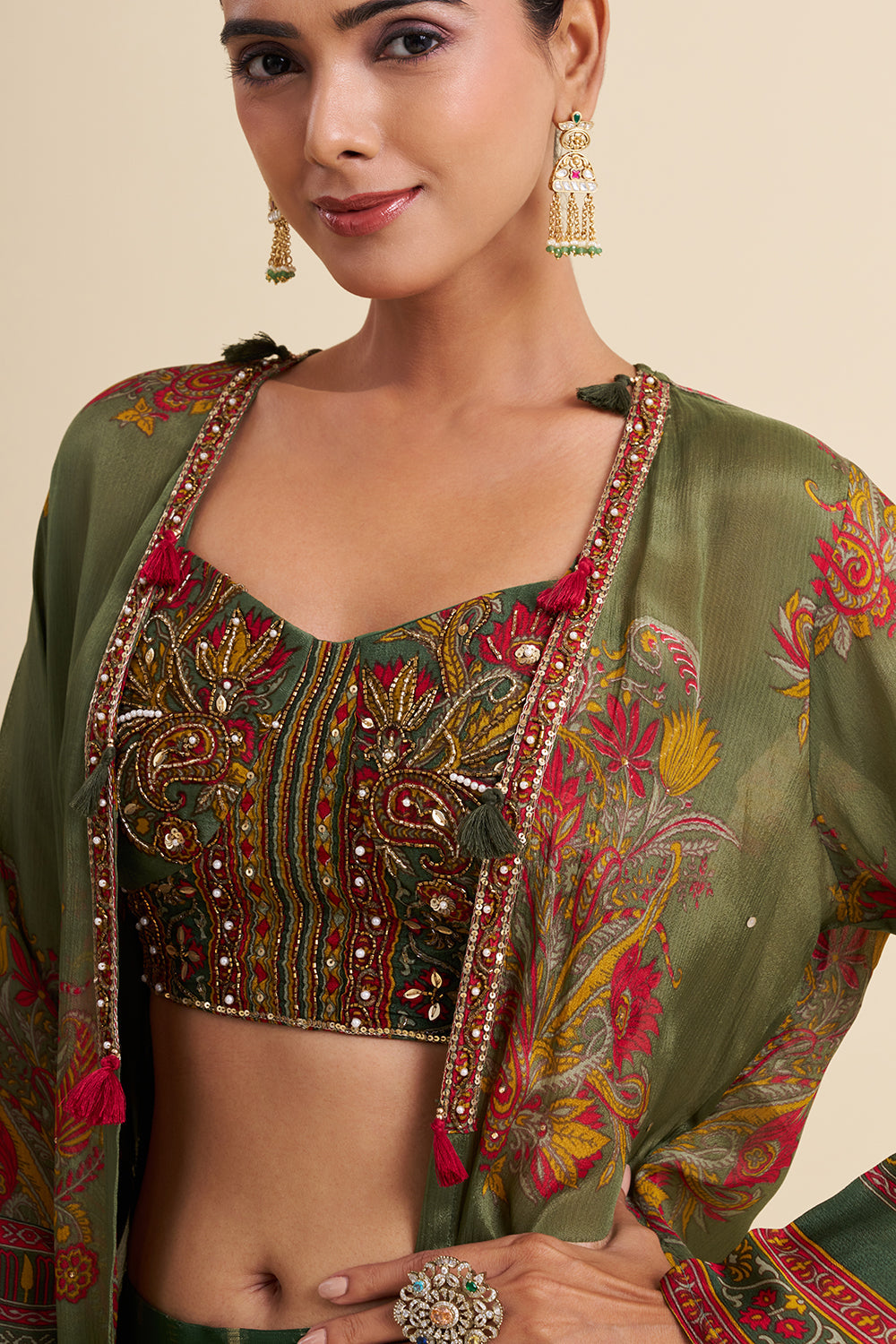 Green Viscose Georgette Cape Set with Printed Work