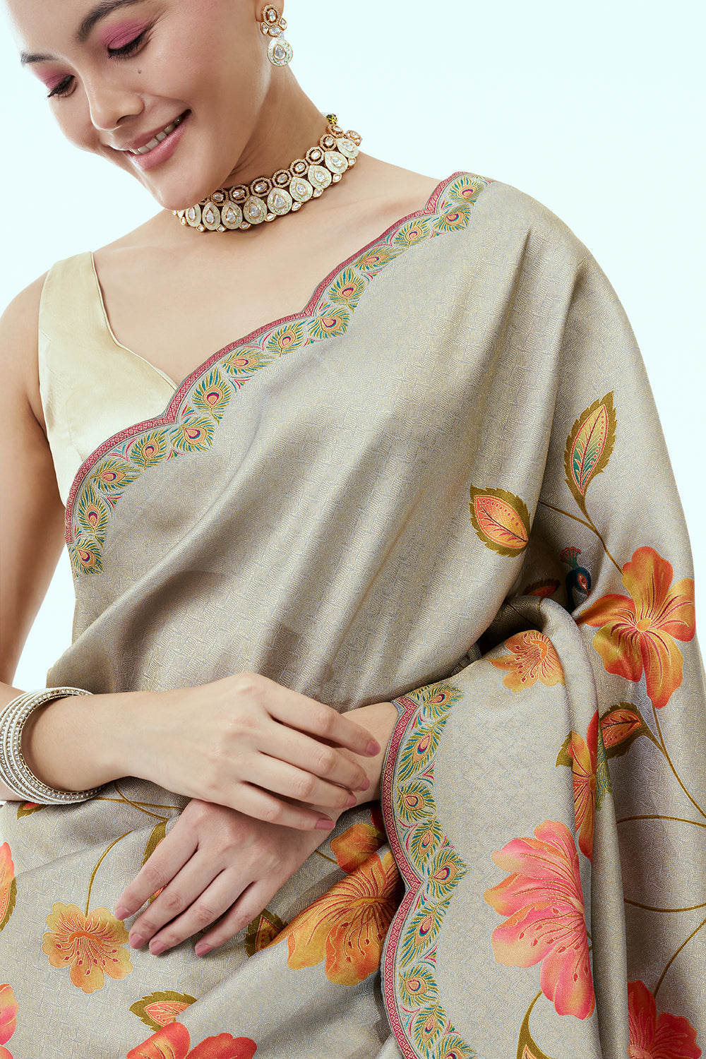 Grey Banarasi Brocade Silk Saree with Floral Print and Unstitched Blouse