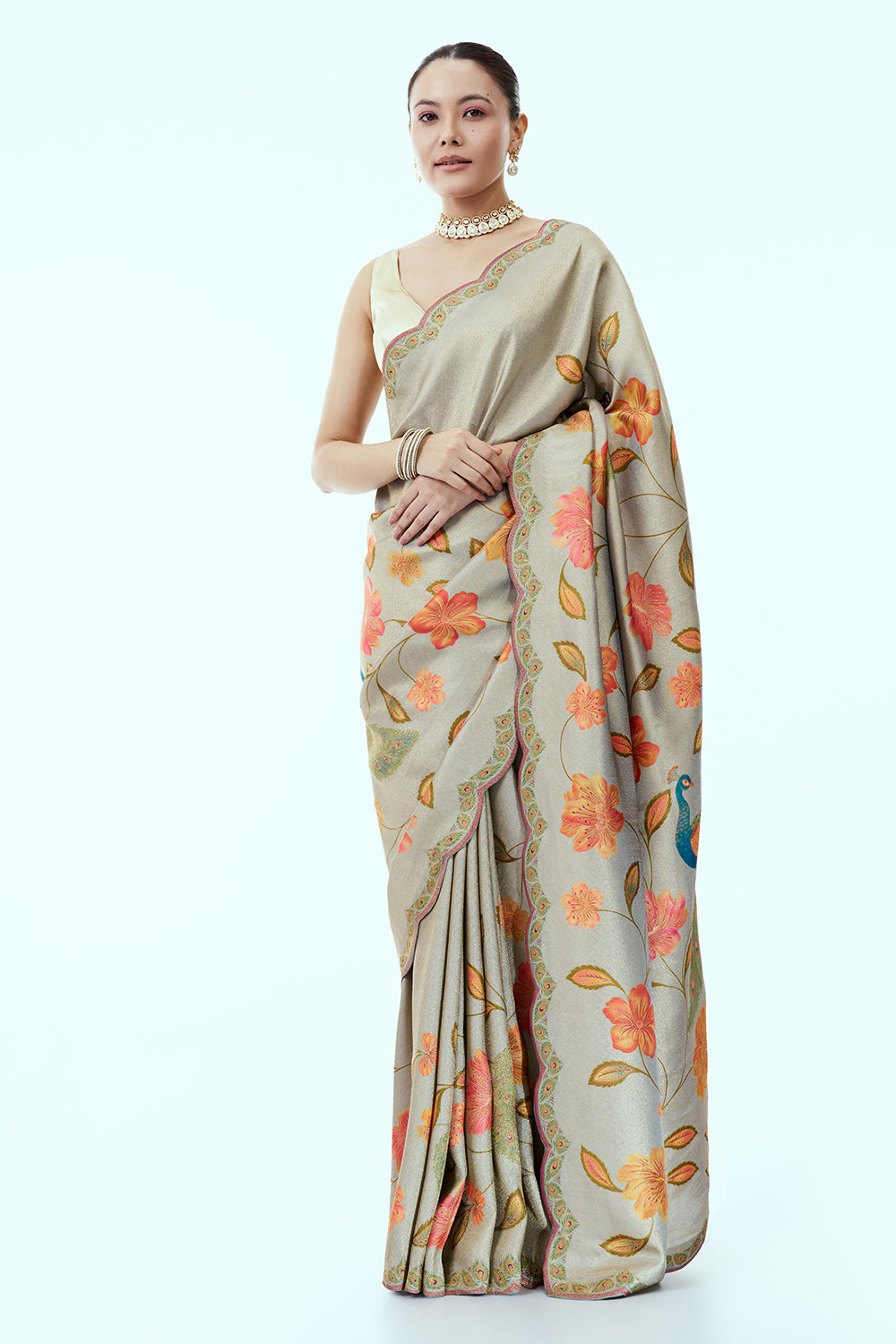 Grey Banarasi Brocade Silk Saree with Floral Print and Unstitched Blouse