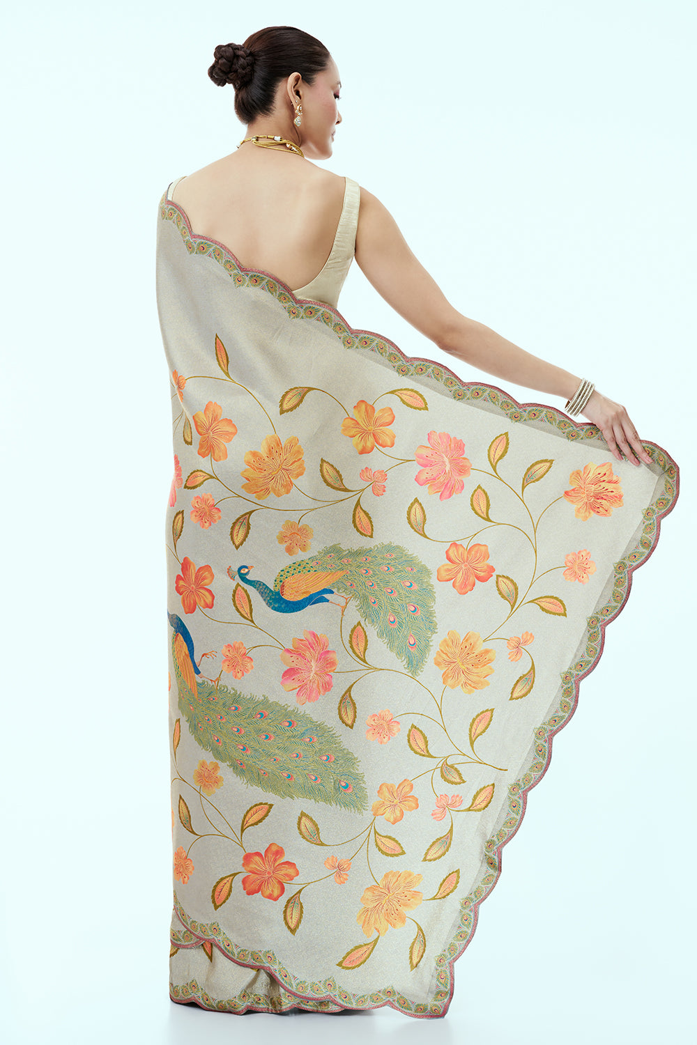 Grey Banarasi Brocade Silk Saree with Floral Print and Unstitched Blouse