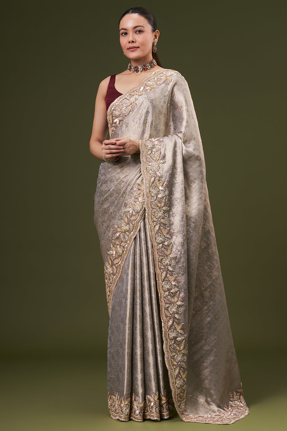 Grey Golden Jacquard Embroidered Saree with Sequin and Pearl Work
