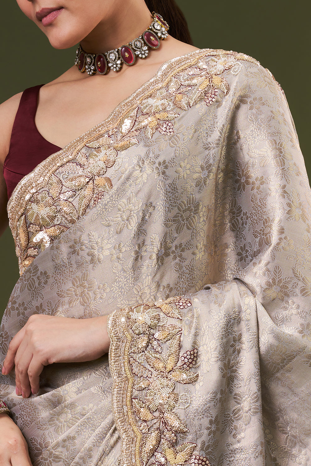 Grey Golden Jacquard Embroidered Saree with Sequin and Pearl Work