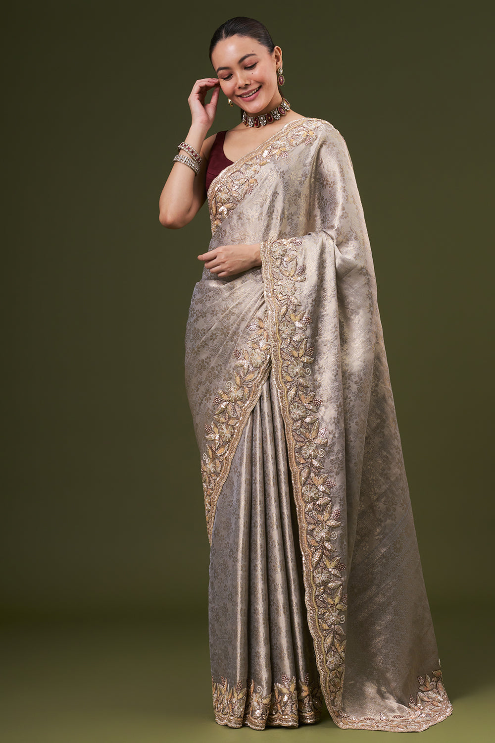 Grey Golden Jacquard Embroidered Saree with Sequin and Pearl Work