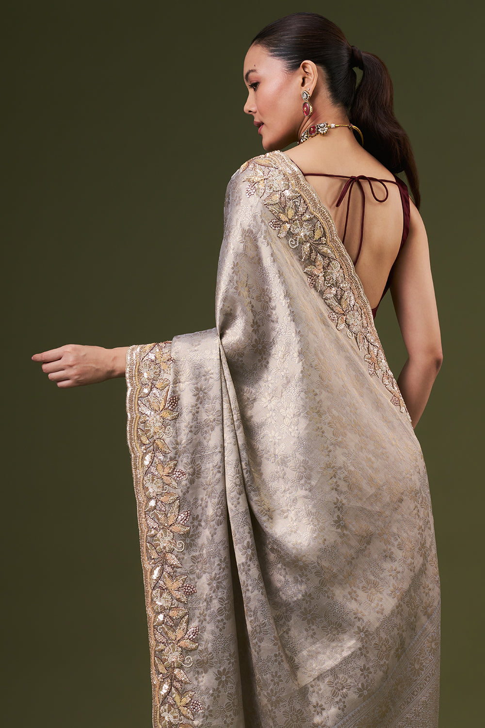 Grey Golden Jacquard Embroidered Saree with Sequin and Pearl Work
