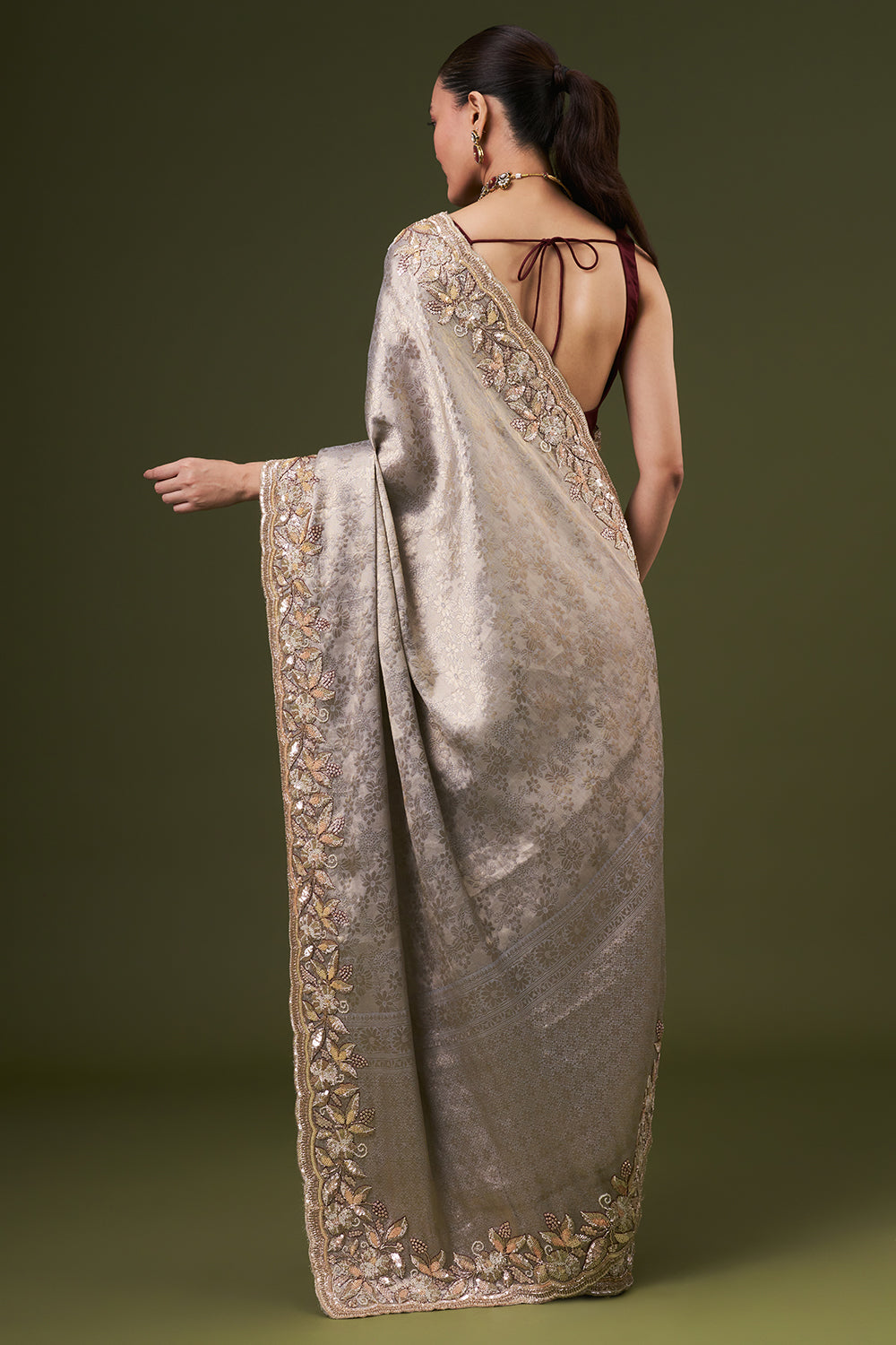 Grey Golden Jacquard Embroidered Saree with Sequin and Pearl Work