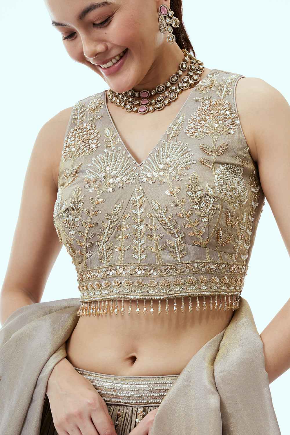 Grey Tissue Lehenga with Cutdana and Moti Embroidery