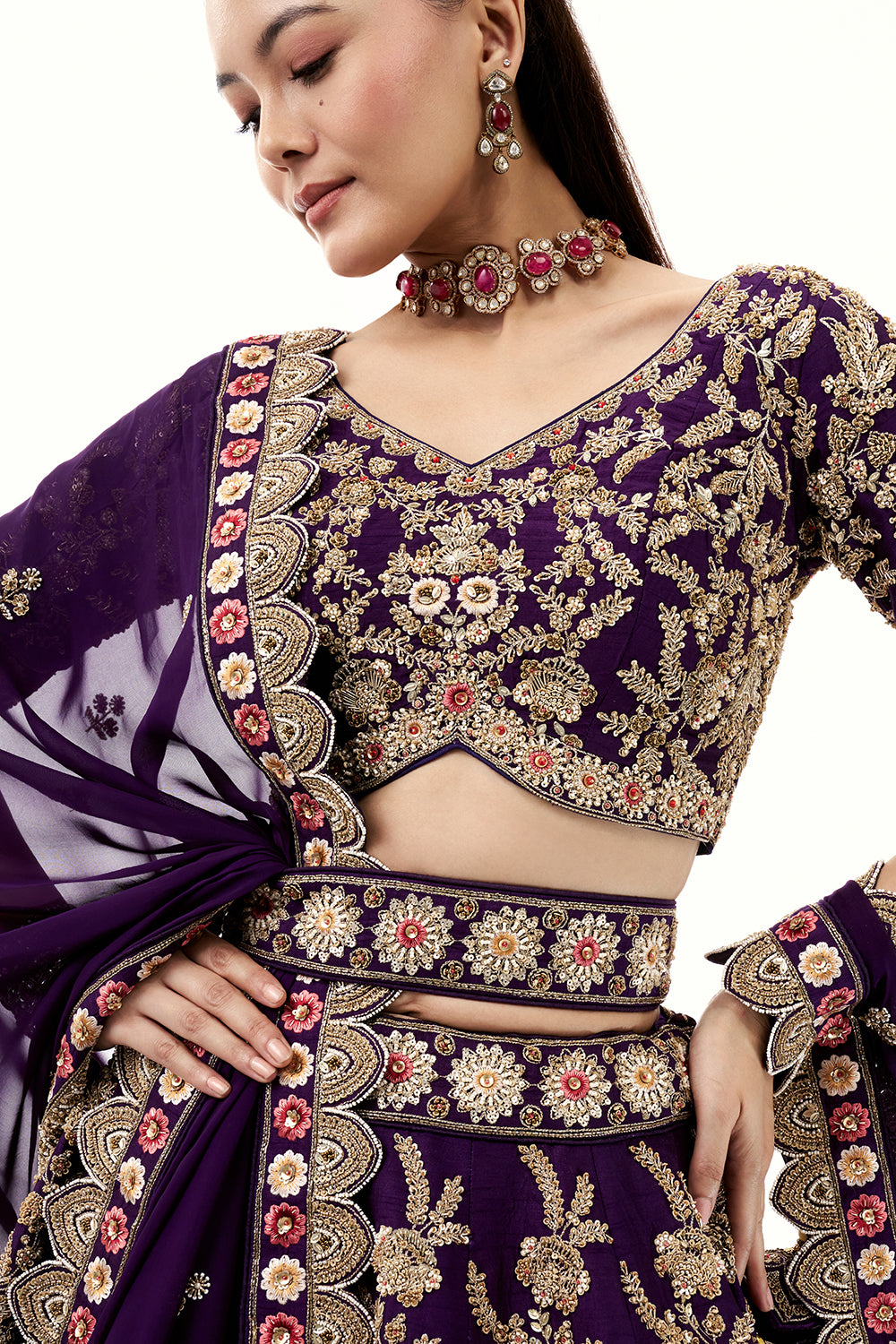 Purple Lehenga with Raw Silk and Zardosi Embroidery
