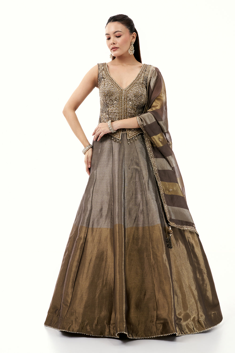 Grey Lehenga with Waistcoat Style Blouse and Mirror Work