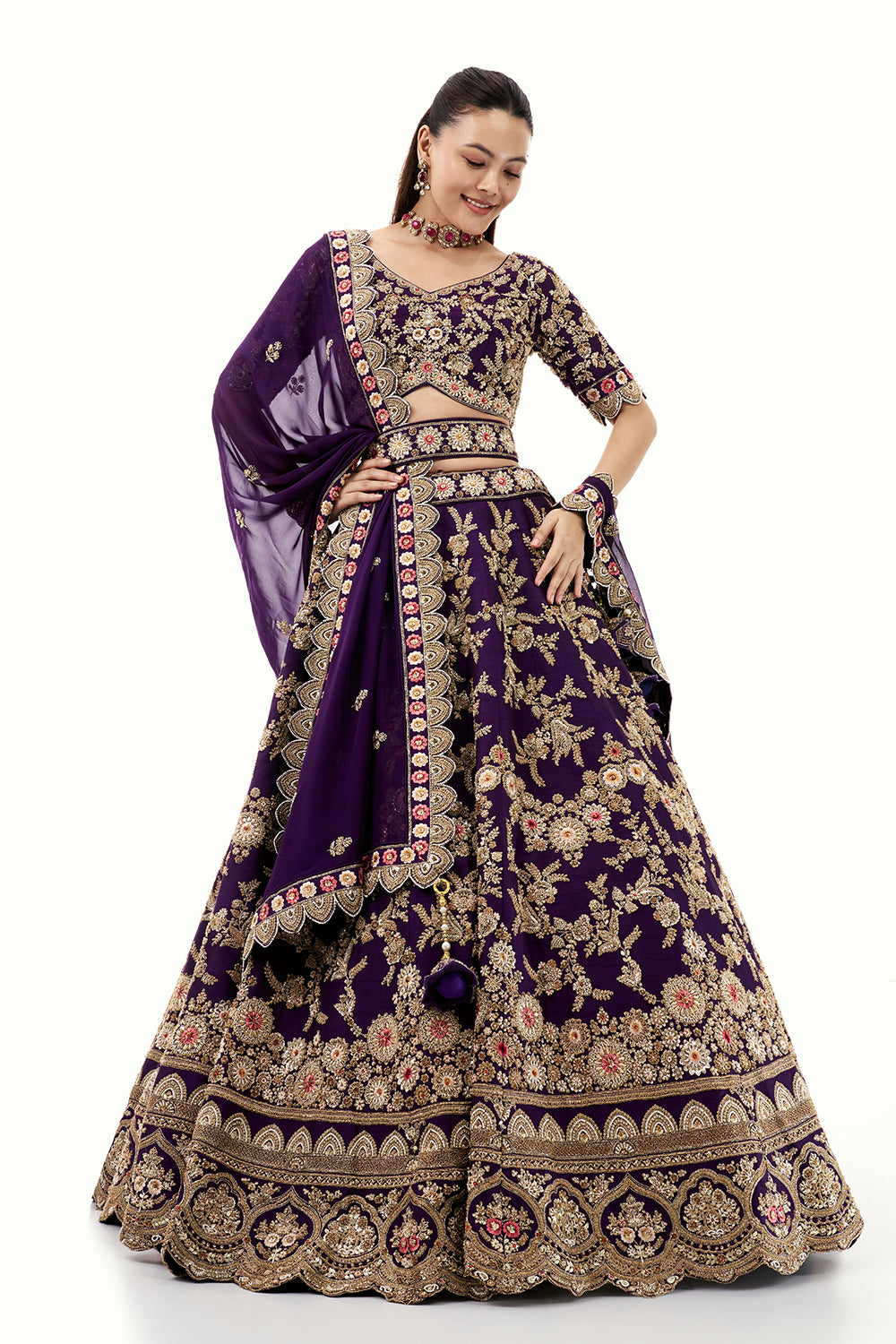 Purple Lehenga with Raw Silk and Zardosi Embroidery
