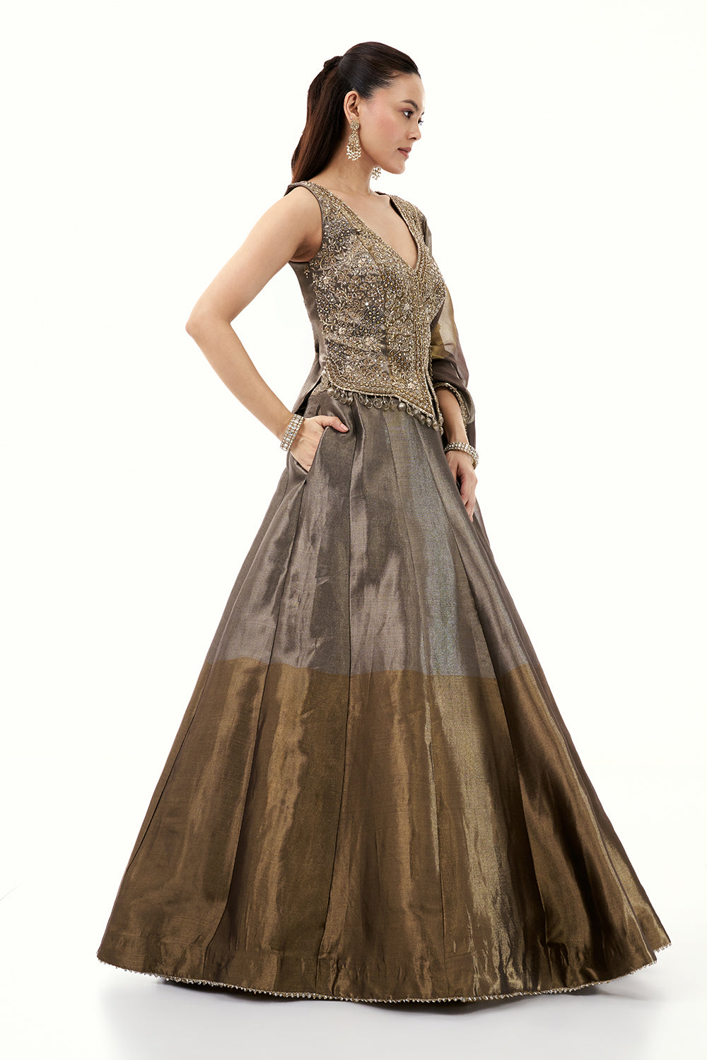 Grey Lehenga with Waistcoat Style Blouse and Mirror Work