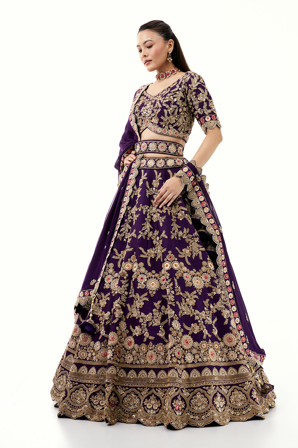 Purple Lehenga with Raw Silk and Zardosi Embroidery