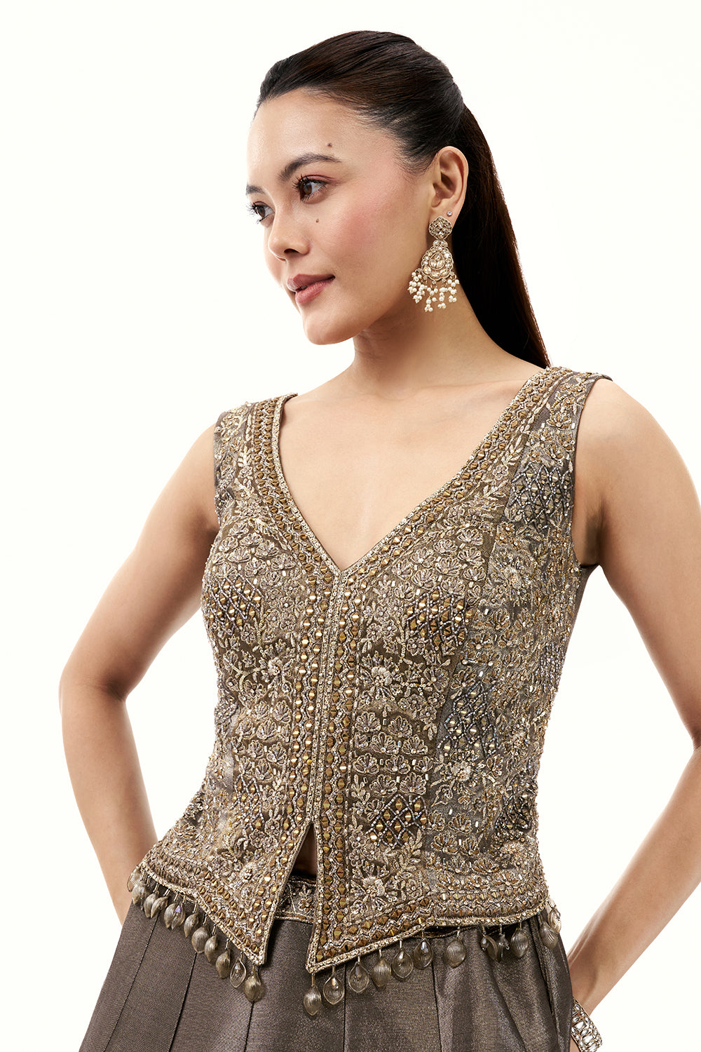 Grey Lehenga with Waistcoat Style Blouse and Mirror Work
