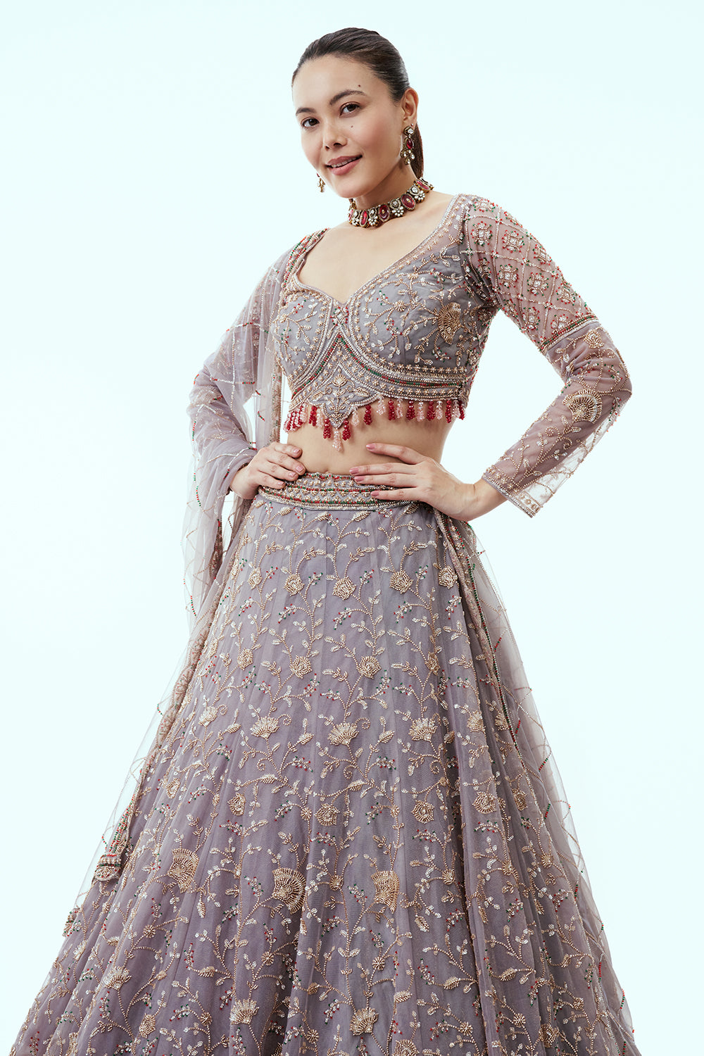 Grey Net Lehenga with Cutdana and Sequin Embroidery
